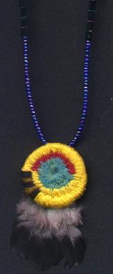 round basketry and feathers necklace